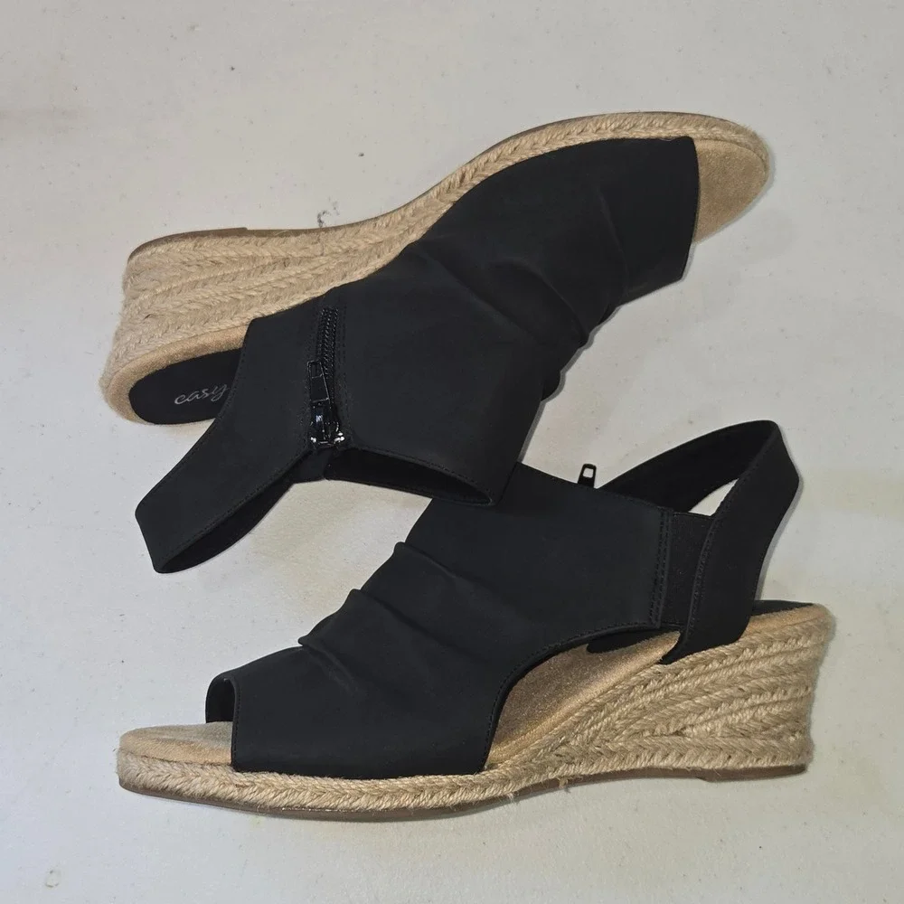 Easy Street Womens 9W Black Ruched Wedge Sandals Espadrille Slingback 31-8941